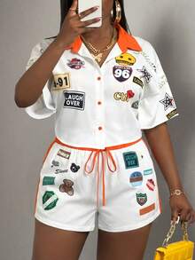 Slaydiva 女士休闲街头风卡通印花修身口袋两件套，春夏款 - 橘色 - 查看 8