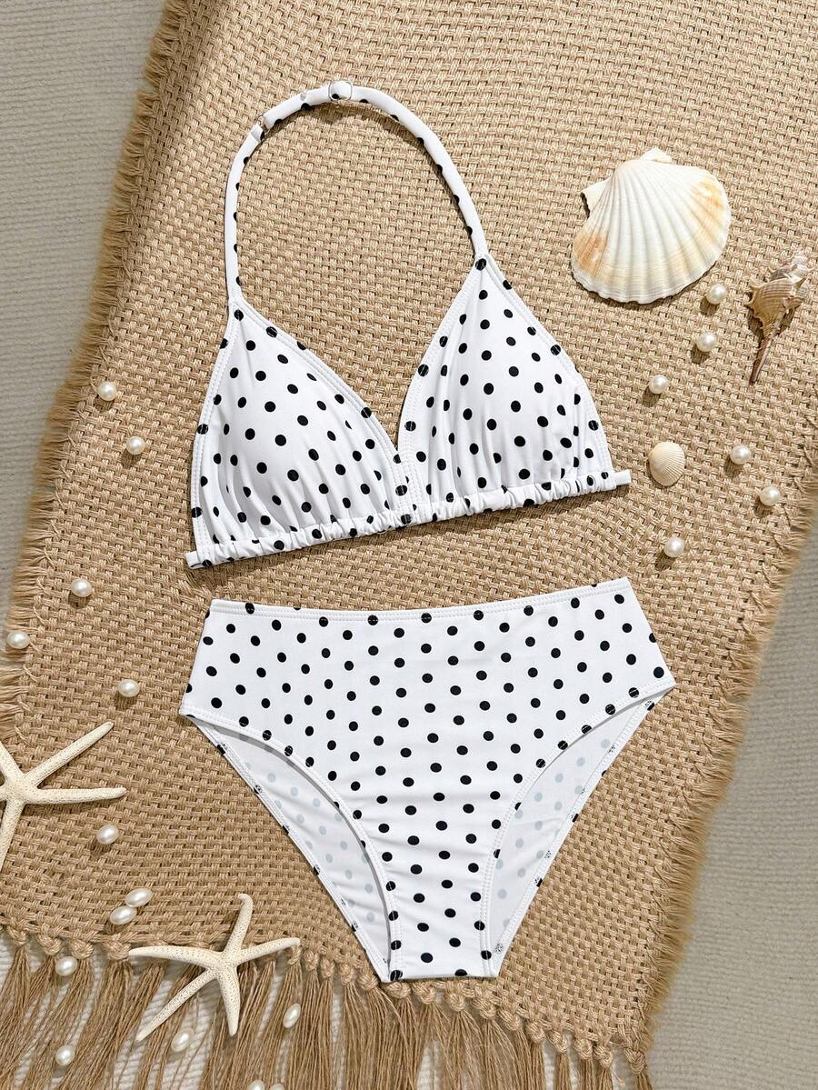 SHEIN 少女波点印花比基尼套装，两件式泳衣，针织面料，时尚休闲优雅设计，适合游泳、度假和夏季穿着。 - 黑與白 - 查看 1