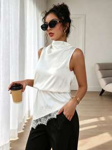 SHEIN PariChic 夏季女式衬衫杏色缎面无袖高领蕾丝拼接上衣 - 白色 - 查看 5