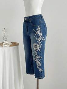 Elamini Jeans pitillo de longitud 7/8 con bordado lavado de moda - Azul lavado oscuro - Ver 5