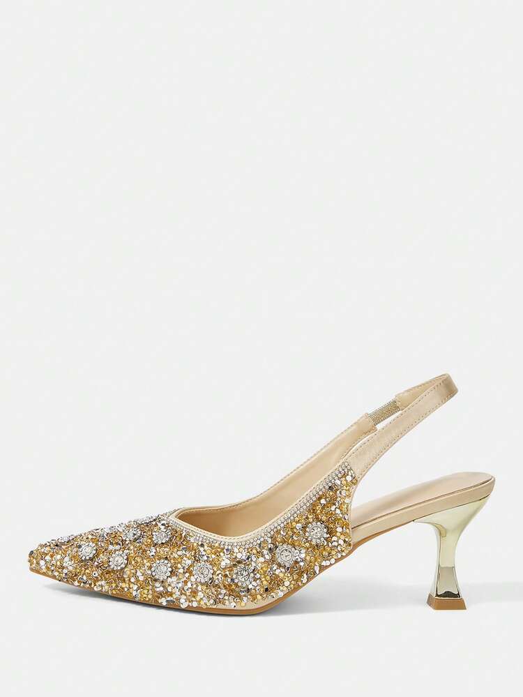 CUCCOO HITCHD Women Shoes Women's Fashion Pointed Gold Metal Material Round Bead Rhinestone Sexy Sequins Evening Dress Wedding Party Slip-On High Heels Shoes