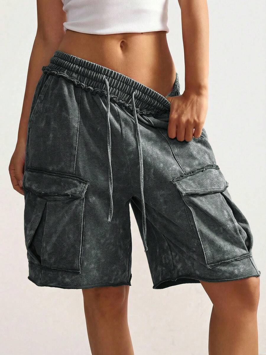 Bohemela Boho Casual Vacation Women's Solid Color Drawstring Waist Shorts Beach Grey Summer - Army Green - View 1