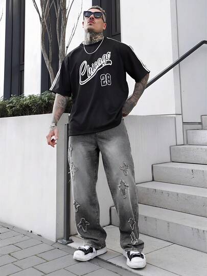Artur Kramer 垃圾摇滚哥特 Y2K 风格男式工装裤，带五角星贴片、直筒口袋、休闲街头宽松牛仔裤