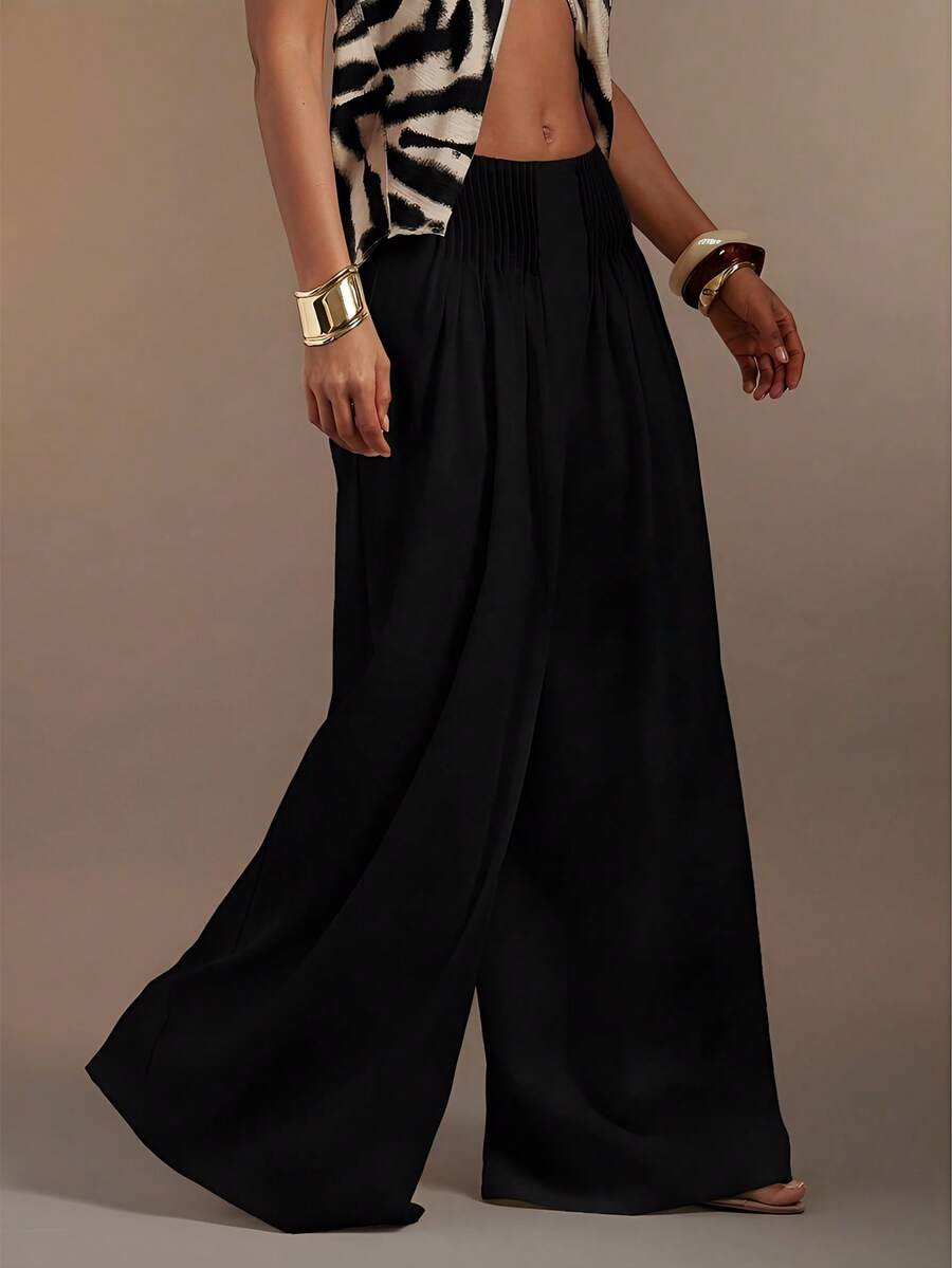 Hauture Pantalones anchos de lino plisados y relajados, de estilo casual y sexy para mujer - Negro - Ver 1