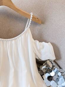 SHEIN Franclia Áo kiểu trễ vai thanh lịch, thời trang dành cho nữ, đính ngọc trai giả. - trắng - Xem 6