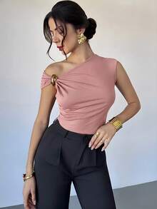 Firerie 女款休閒優雅金屬裝飾不對稱肩T恤，適合外出、派對及其他場合/秋季/萬聖節服裝/聖誕T恤/新年/派對上衣/優雅，夏季上衣 - 粉色 - 查看 4