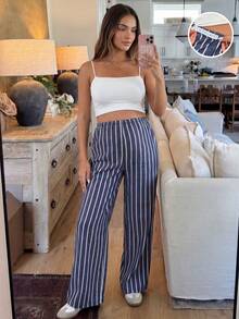 SHEIN Adjustable Waist Striped Wide Leg Loose Casual Pants For Pregnant Women - Navy Blue - View 3