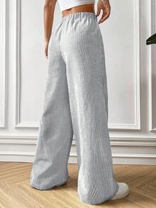 SHEIN PETITE CURVE 大码女式条纹休闲百搭阔腿裤，适合日常穿着 - 灰色 - 查看 2