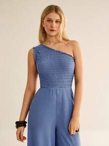 CielaLinda Women Solid Color Knitted Ruched Jumpsuit - Blue - View 4