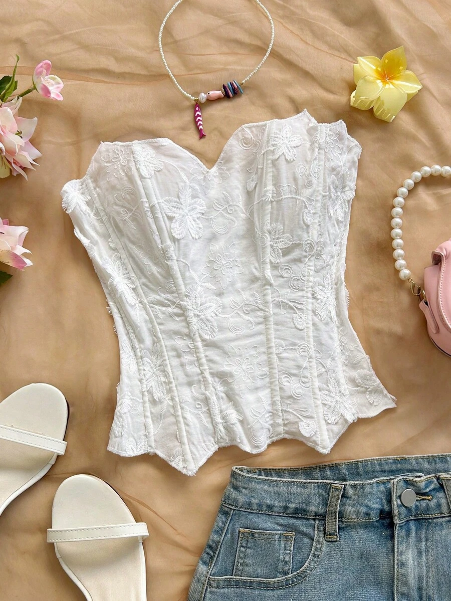 Soleia 大尺碼蕾絲分層修身束腰上衣,鏤空刺繡,白色,夏季,優雅亮片,婚禮賓客度假派對,度假風穿搭 - 白色 - 查看 1
