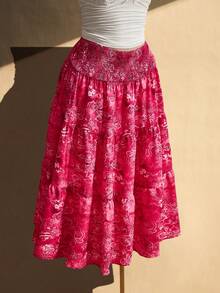 SHEIN ICON Chân váy cỡ lớn có dây rút eo, họa tiết Paisley, thích hợp cho kỳ nghỉ hè, đi nghỉ mát. - Màu Hồng Tươi - Xem 6