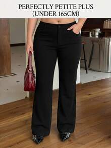 SHEIN PETITE CURVE 大码女式休闲纯色高腰喇叭裤，适合日常通勤 - 黑色 - 查看 1
