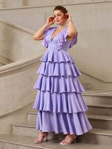 VOLUPTÉ CURVE Plus Size Spring/Summer Lavender Chiffon V-Neck Ruffle Sleeve High Waist Tiered Cake Skirt Long Elegant Wedding Guest Birthday Party Graduation Season Dress - Purple - View 3