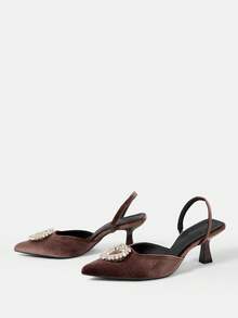 CUCCOO HITCHD Spring And Summer New Three-Dimensional Heart-Shaped Diamond Buckle Design Pointed Wine Glass Heel Romantic Elegance Temperament Simple Sexy Brown Velvet Women's Middle Heel Shoes Slingbacks Dress Shoes Dating Afternoon Tea Party Valentine's Day Elegant Wear - Coffee Brown - View 3