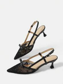 CUCCOO HITCHD Sapatos Femininos Apricot Laço de Renda Sapatos de Casamento Damas de Honra Bico Fino Banquete Salto Alto Vazio - Preto - Visão 6