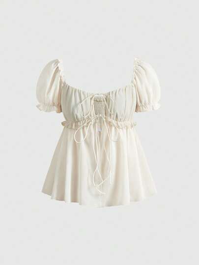 ROMWE Avant Áo kiểu chiffon tay phồng xếp ly phần ngực, thắt nơ phía trước, xẻ tà gợi cảm dành cho nữ, thích hợp cho kỳ nghỉ xuân/hè.