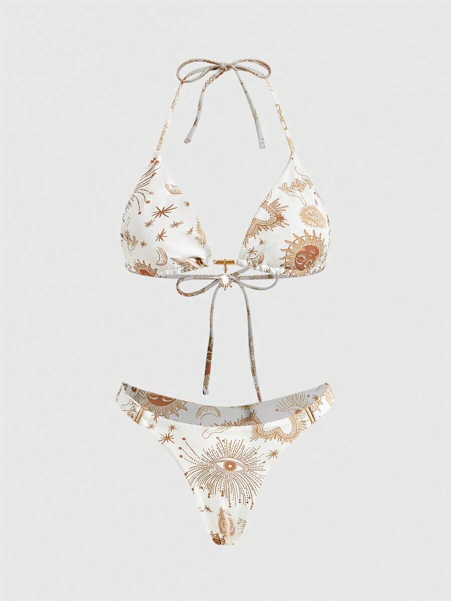 ROMWE Avant 2026 Women's Beach Outfit, Tie-Up Halter Backless, Irregular Pattern Print Design, Metal Sun Pendant Decor, Elegant Bikini Two Pieces Suitable For Summer Beach Vacation, Beach Party And More - Yellow - View 1