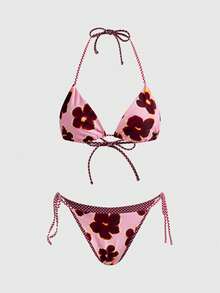 ROMWE Avant 2pcs Retro Floral Colorblock Plaid Print Personalized Women Bikini Swimwear, Suitable For Beach, Pool, Cruise, Party In Spring And Summer Vacation - Pink and Purple - View 2