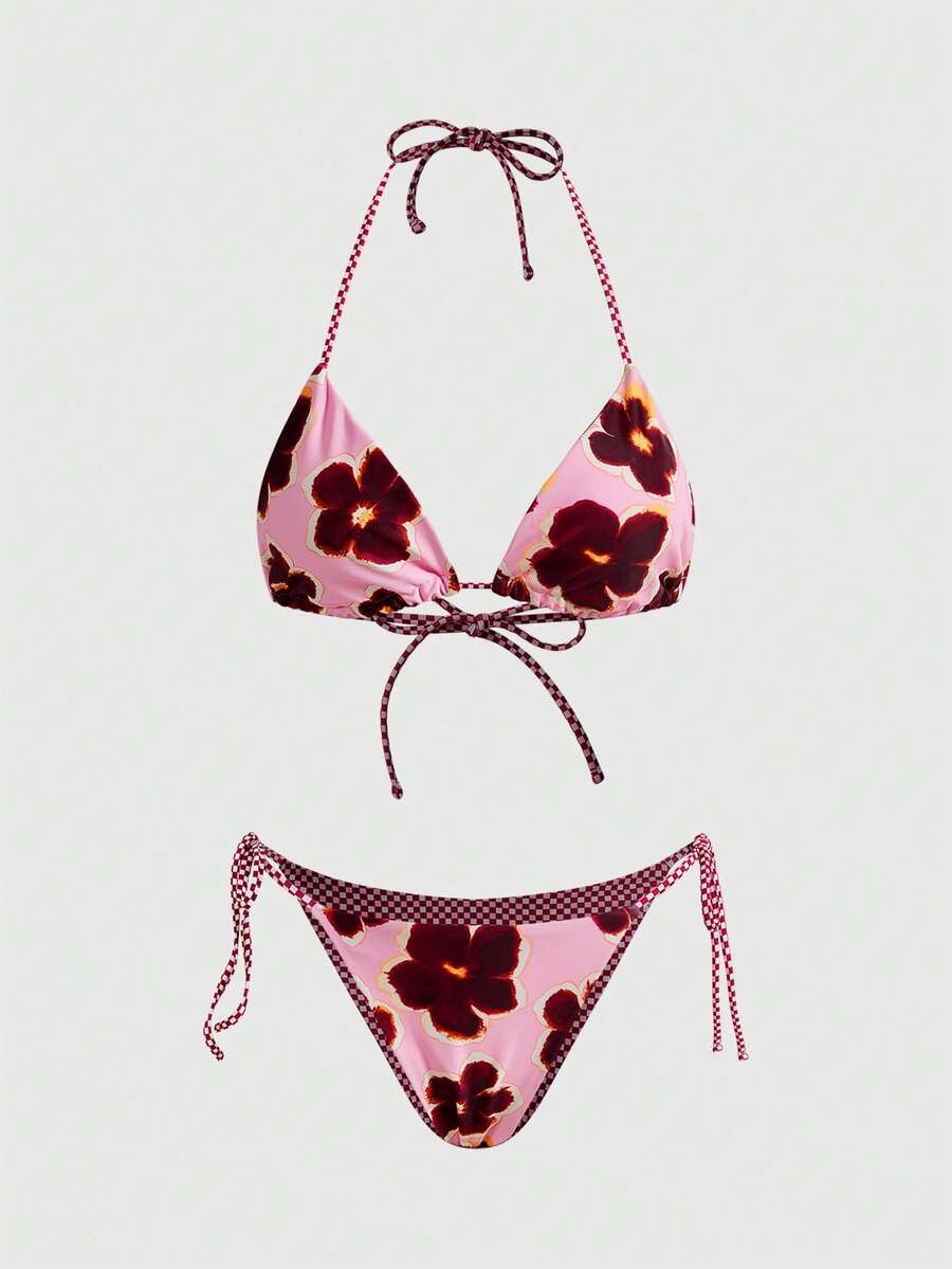 ROMWE Avant 2pcs Retro Floral Colorblock Plaid Print Personalized Women Bikini Swimwear, Suitable For Beach, Pool, Cruise, Party In Spring And Summer Vacation