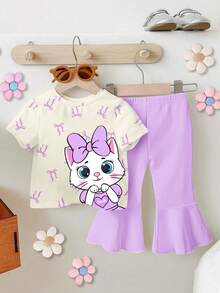 SHEIN Bộ đồ bé gái kiểu dáng thường ngày dễ thương in hình nơ và mèo hoạt hình, áo thun ngắn tay cổ tròn và quần ống loe, màu tím. - Nhiều màu - Xem 1