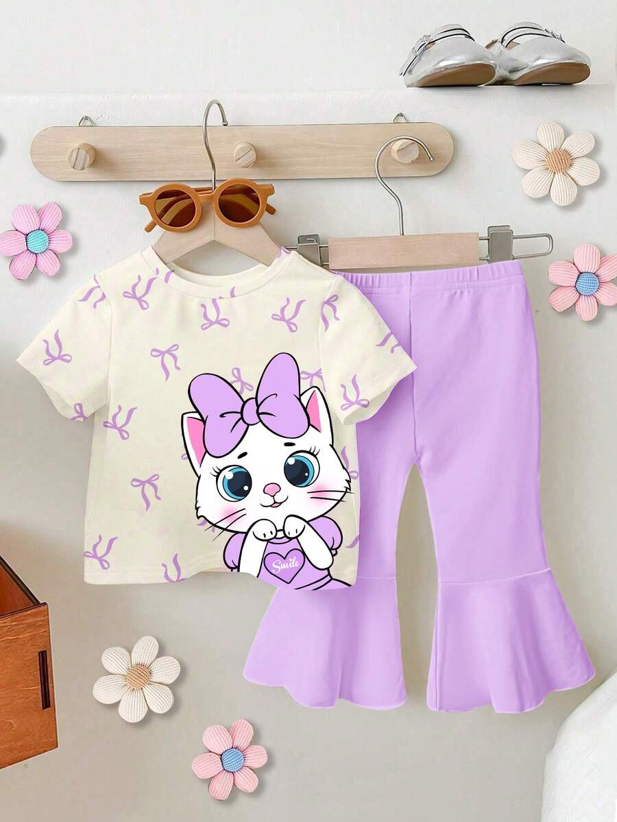 SHEIN Bộ đồ bé gái kiểu dáng thường ngày dễ thương in hình nơ và mèo hoạt hình, áo thun ngắn tay cổ tròn và quần ống loe, màu tím. - Nhiều màu - Xem 1