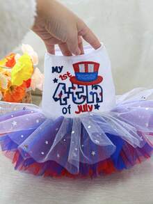 PETSIN 1件宠物蓬蓬裙，红蓝白星网纱爱国风狗狗节日礼服，猫狗通用服装 - 紅白藍 - 查看 4