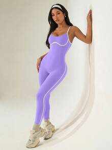 Sovereign Charm Women's Summer Contrast Trim Tight Elastic Spaghetti Strap Jumpsuit - Lilac Purple - View 5
