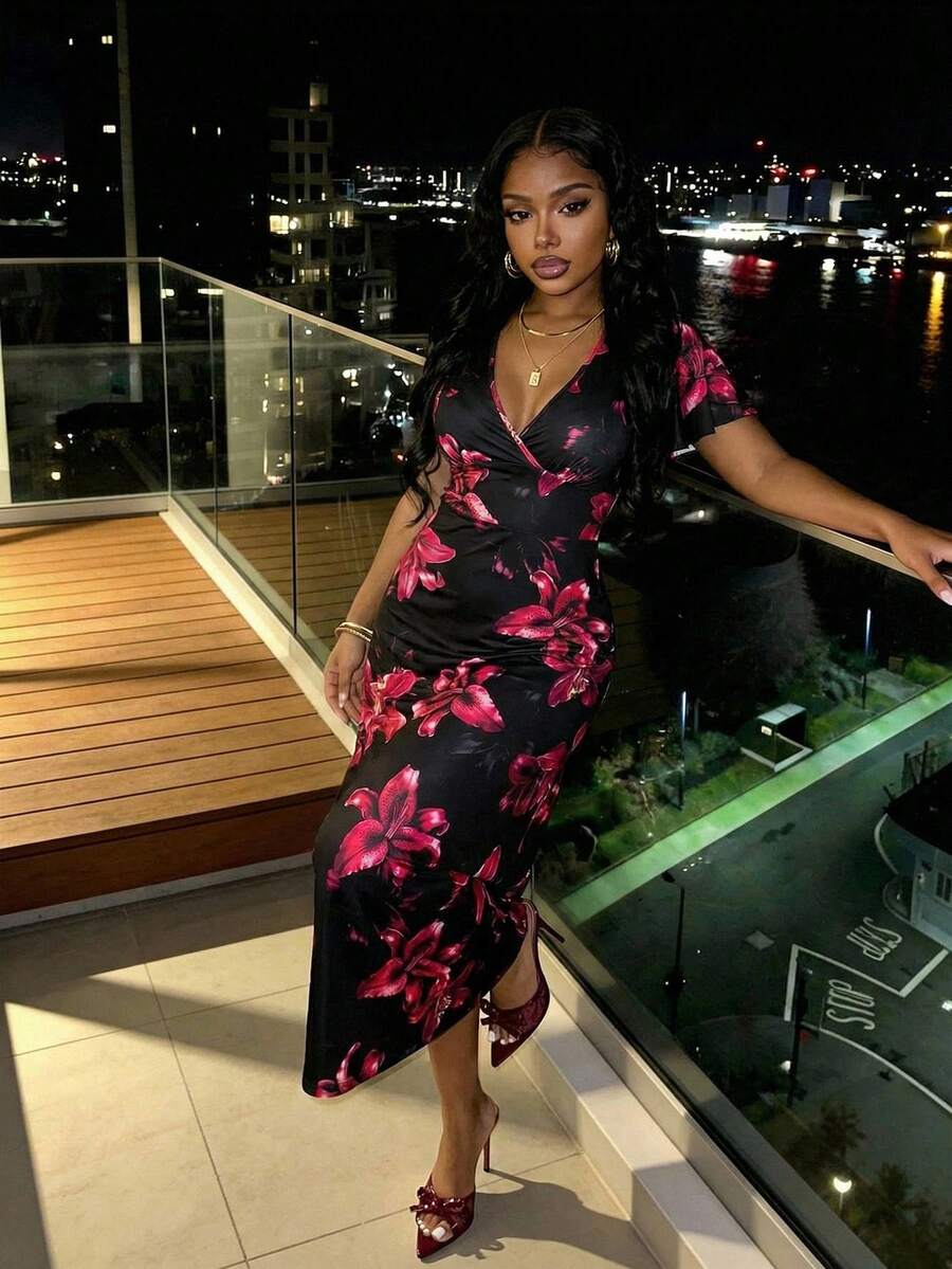 Slaydiva Black Elegant Sexy Women's Floral Dress Summer Beach Night Out Party Vacation Outfits Deep V-Neck Ruffled Short Sleeve Belt Tie A-Line Umbrella Dress - Multicolor - View 1