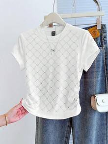Resyla Women's Y2K Streetwear Casual Chic White Geometric Argyle Diamond Print Crew Neck Short Sleeve T-Shirt Summer Tops Shirts For Women Going Out Clothes 2026 - White - View 4