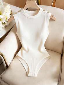 Franclia Elegant Commuter Round Neck Ribbed Knit Bodysuit, Slim Fit Casual Everyday & Holiday Outfit For Women - White - View 4