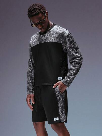 STYNVO Men's Patchwork Print Long Sleeve T-Shirt & Shorts Set