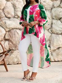 SHEIN Lady Plus Size Women's Autumn Boho Vacation Holiday White Tropical Print Lantern Sleeve Asymmetrical Hem Loose Blouse,Beach Summer Casual Floral Outfits - Multicolor - View 8