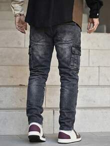 Devon Thys 男士时尚工装口袋褶裥休闲牛仔裤 - 灰色 - 查看 2