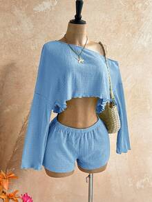 SHEIN WYWH Women's Summer Solid Color Asymmetric Neck Long Sleeve Top & Shorts 2-Piece Set - Baby Blue - View 7