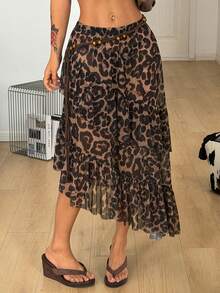 Coolane Trang phục đi xem hòa nhạc mùa hè dành cho nữ, phong cách đường phố, gợi cảm, phong cách Y2K, trang phục đi biển, trang phục nghỉ mát, họa tiết da báo, chất liệu lưới thoáng khí, thoải mái, co giãn, màu nâu, váy maxi xếp tầng bồng bềnh. - màu nâu - Xem 3