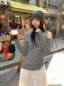 DAZY 女士休闲条纹长袖T恤，宽松版型，独特设计，春秋季款 - 黑與白 - 查看 4