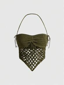 ROMWE Avant Vacation Scarf Hem Tube Top Style Fairy Wind Fishnet Knit Design Women Sweater - Army Green - View 1