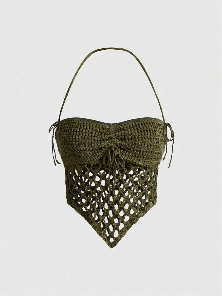 ROMWE Avant Vacation Scarf Hem Tube Top Style Fairy Wind Fishnet Knit Design Women Sweater - Army Green - View 1