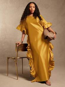 Vixey Boat Neck Off Shoulder Ruffle Detail Maxi Flowy Taffeta Dress - Yellow - View 1