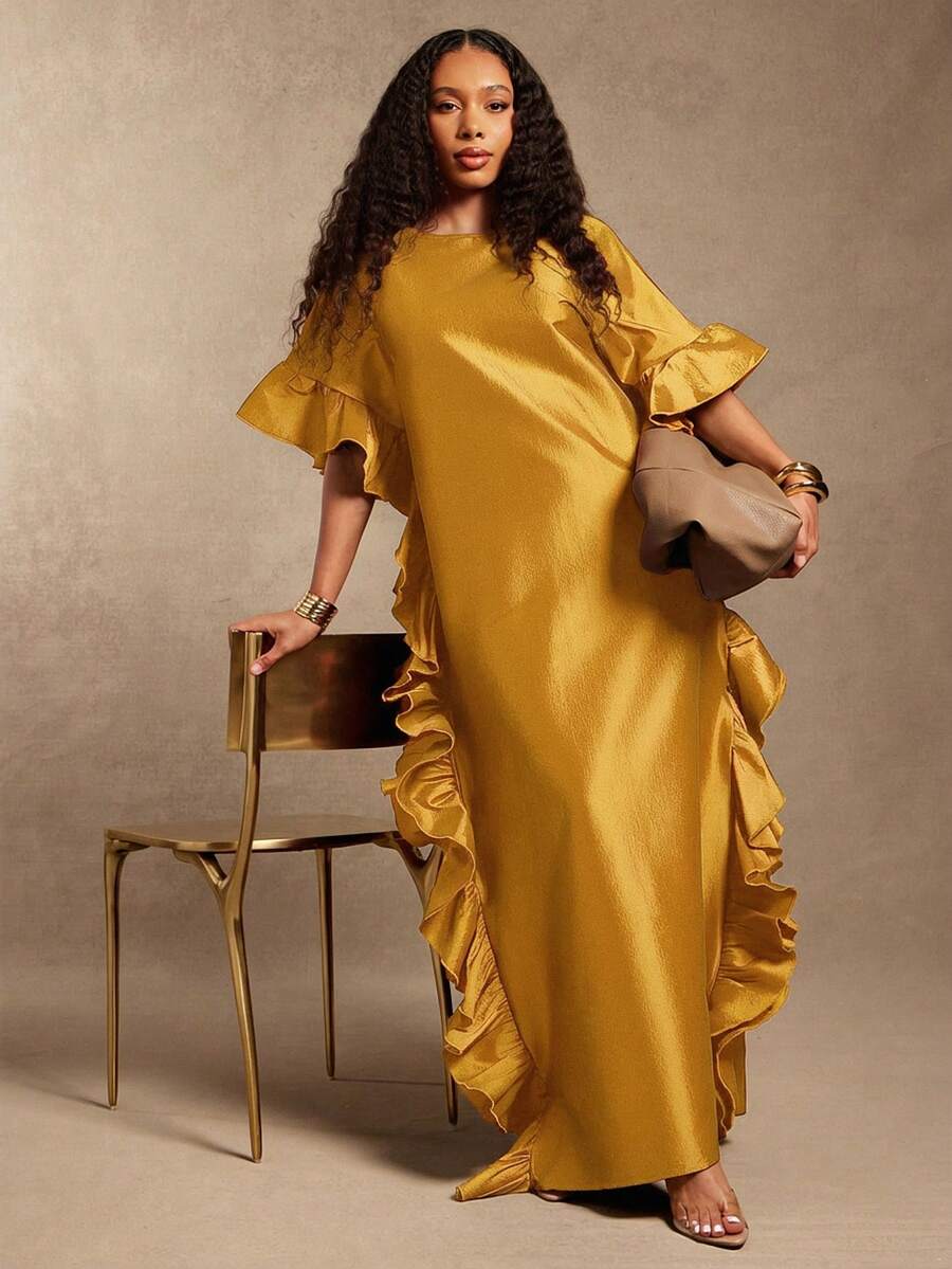 Vixey Boat Neck Off Shoulder Ruffle Detail Maxi Flowy Taffeta Dress - Yellow - View 1