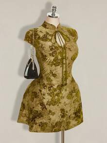 SHEIN ICON 大码女士优雅花卉植绒连衣裙，夏季 - 黑色 - 查看 5