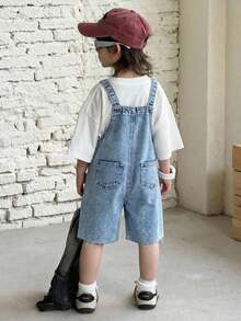 Young Boy Casual Blue Denim Bib Shorts With Pockets - Medium Wash - View 2