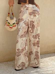 Livesso Women's Casual Paisley Print Wide Leg Pants - Brown - View 4