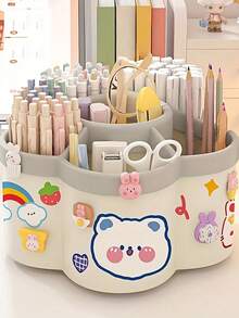 1pc 360° Rotating Cute Pen Holder, Large Capacity Multi-Function Desktop Stationery Storage Box, Polished PVC Material, Embedded Installation, Lightweight & Portable, 360° Rotation, Desktop Storage Box, Pencil Box, Pen Holder, Plush Pencil Box, Cute Pencil Box, Office Desk Storage Box, Material, Marker Pen Storage Box - Multicolor - View 2