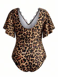Swim Lushoire Plus Size Women Leopard Print Ruffle Short Sleeve One-Piece Swimsuit For Summer Beach Vacation - Multicolor - View 7