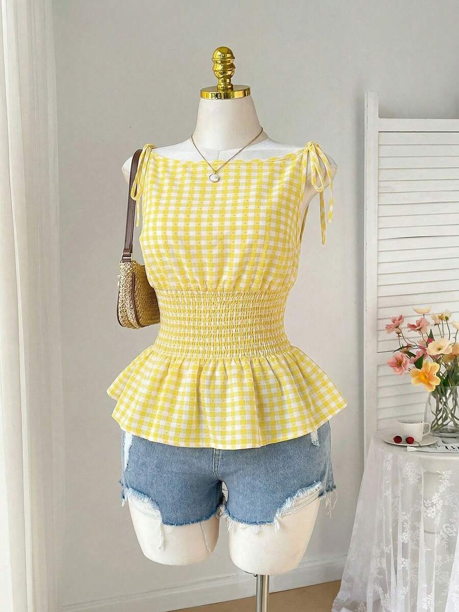 Comfortcana Áo kiểu cỡ lớn phong cách Boho kẻ caro không tay, viền bèo nhún - Màu vàng - Xem 1