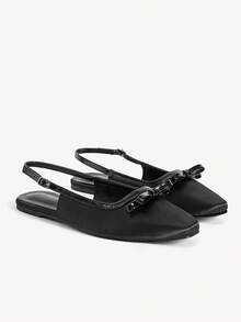 CUCCOO CHICEST Women Shoes Light Blue Satin Bow Slingback Buckle Design Holiday Flat Sandals - Black satin - View 2