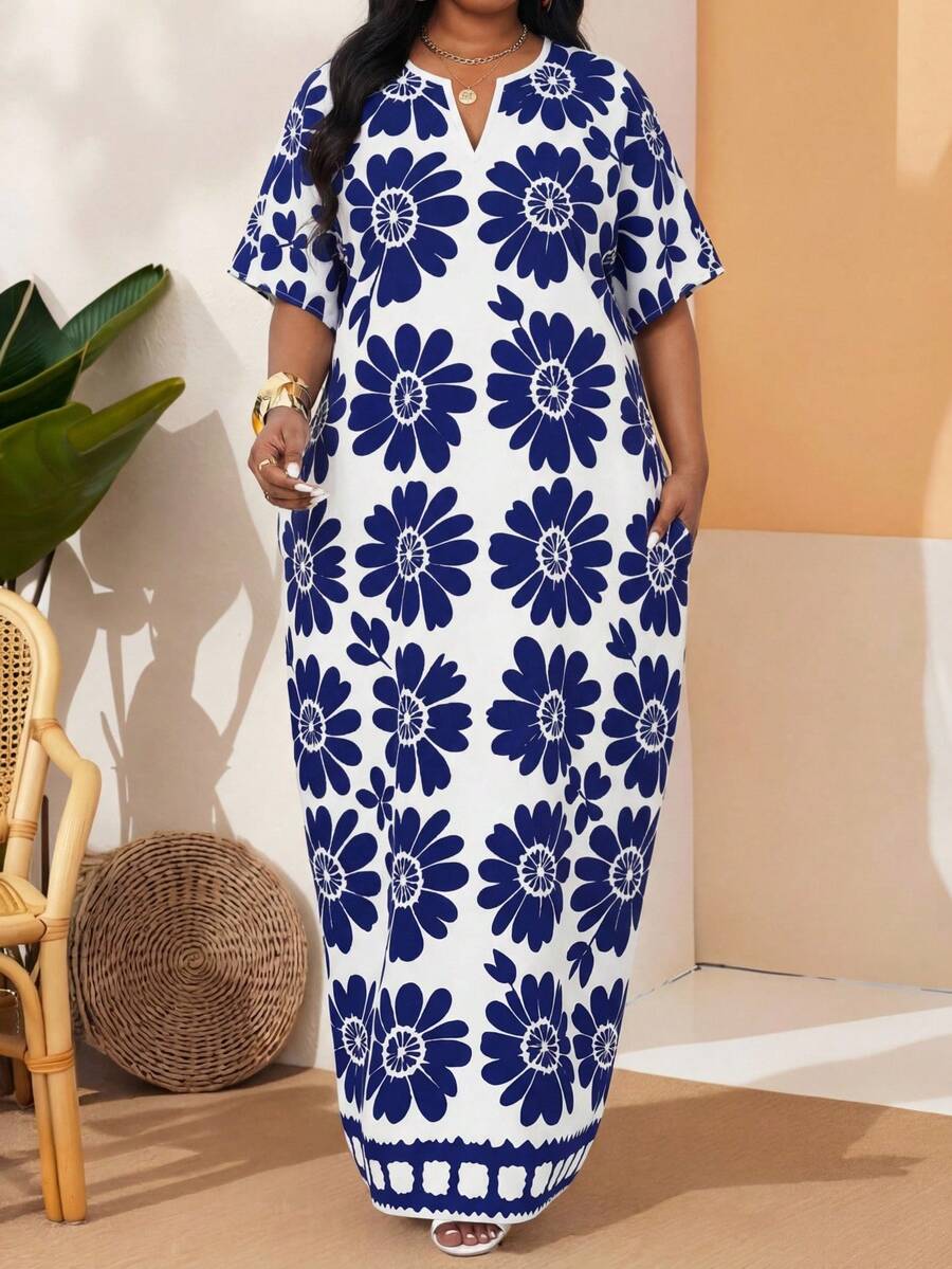 SHEIN Lady 春夏白色纹理编织面料V领长款宽松短袖加大码睡袍加大码连衣裙 - 彩色 - 查看 1