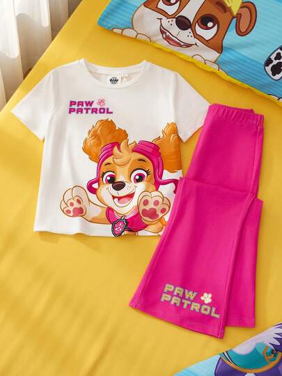 SHEIN | PAW Patrol 两件套少女休闲风圆领短袖上衣和喇叭裤舒适睡衣套装