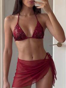 Costavie Bộ bikini 3 món họa tiết hoa đính sequin, kiểu cổ yếm, quần buộc dây bên hông và váy sarong lưới gợi cảm dành cho nữ. - Màu Đỏ Sâu - Xem 4